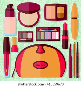 Flat icons collection. Decorative cosmetics for face, lips, skin, eyes, nails, eyebrows and beautycase. Make up set. Vector illustration.