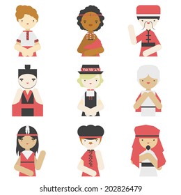 Flat icons collection of different national boys wearing traditional clothes. Modern design style vector illustration set.  Isolated on white background.  