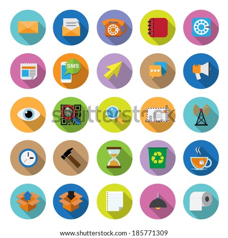 flat icons collection with long shadow . Set 2. Office tools
