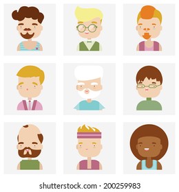 Flat icons collection of various male people characters in cute kawaii style. Modern design vector illustration set.  Isolated on white background. 
