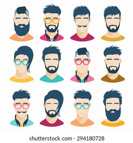 Flat icons collection of various male people. Modern design vector illustration set. Isolated on white background.