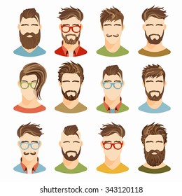 Flat icons collection of various men with stylish haircuts and beards. Modern design vector illustration set in retro color. Isolated on white background.