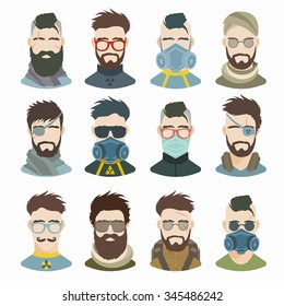 Flat icons collection of various post-apocalypse men. Modern design vector illustration set. Isolated on white background.