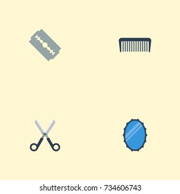 Flat Icons Comb, Razor, Looking-Glass And Other Vector Elements. Set Of Barber Flat Icons Symbols Also Includes Blade, Reflector, Sharp Objects.