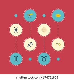 Flat Icons Comet, Archer, Fishes And Other Vector Elements. Set Of Astrology Flat Icons Symbols Also Includes Constellation, Fishes, Horoscope Objects.