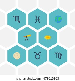 Flat Icons Comet, Virgin, Space And Other Vector Elements. Set Of  Flat Icons Symbols Also Includes Cosmos, Virgo, Galaxy Objects.