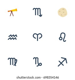 Flat Icons Comet, Water Bearer, Optics And Other Vector Elements. Set Of Galaxy Flat Icons Symbols Also Includes Virgin, Lion, Aqurius Objects.