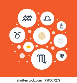 Flat Icons Comet, Zodiac Sign, Water Bearer And Other Vector Elements. Set Of Astrology Flat Icons Symbols Also Includes Human, Aqurius, Lunar Objects.