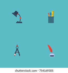Flat Icons Compass, Pencil, Case And Other Vector Elements. Set Of Constructive Flat Icons Symbols Also Includes Case, Compasses, Inkwell Objects.