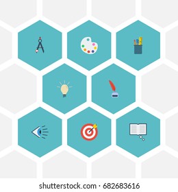 Flat Icons Compass, Pencil, Concept And Other Vector Elements. Set Of Original Flat Icons Symbols Also Includes Pen, Dividers, Inkwell Objects.