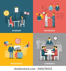  Flat icons composition with people meeting for  business and partnership  vector illustration.