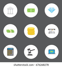 Flat Icons Computer, Accounting, Cash Stack And Other Vector Elements. Set Of Finance Flat Icons Symbols Also Includes Money, Machine, Currency Objects.