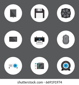 Flat Icons Computer Mouse, Cooler, Slot Machine And Other Vector Elements. Set Of Laptop Flat Icons Symbols Also Includes Tablet, Screen, Computer Objects.