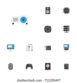 Flat Icons Computer Mouse, Cooler, Hard Disk And Other Vector Elements. Set Of Laptop Flat Icons Symbols Also Includes Screen, Keyboard, Machine Objects.