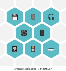 Flat Icons Computer Mouse, Diskette, Earphones And Other Vector Elements. Set Of PC Flat Icons Symbols Also Includes Loudspeaker, System, Mouse Objects.