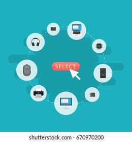 Flat Icons Computer Mouse, Microprocessor, Printer And Other Vector Elements. Set Of Computer Flat Icons Symbols Also Includes Laptop, System, Control Objects.