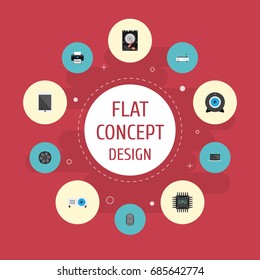 Flat Icons Computer Mouse, Monitor, Palmtop And Other Vector Elements. Set Of PC Flat Icons Symbols Also Includes Phone, Slideshow, Machine Objects.