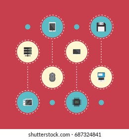 Flat Icons Computer Mouse, Monitor, Laptop And Other Vector Elements. Set Of Computer Flat Icons Symbols Also Includes Game, Laptop, Motherboard Objects.