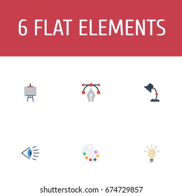 Flat Icons Concept, Illuminator, Eye And Other Vector Elements. Set Of Constructive Flat Icons Symbols Also Includes Palette, Lamp, Idea Objects.