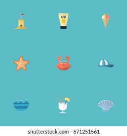 Flat Icons Conch, Anti-Sun Cream, Cancer And Other Vector Elements. Set Of Season Flat Icons Symbols Also Includes Waves, Starfish, Sand Objects.