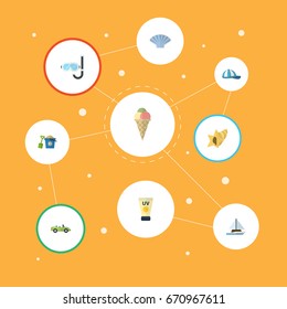 Flat Icons Conch, Aqualung, Shell And Other Vector Elements. Set Of Summer Flat Icons Symbols Also Includes Shell, Sunscreen, Hat Objects.