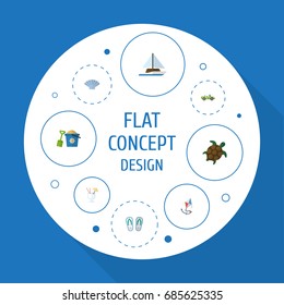 Flat Icons Conch, Sailboard, Car And Other Vector Elements. Set Of Season Flat Icons Symbols Also Includes Turtle, Fly, Pain Objects.