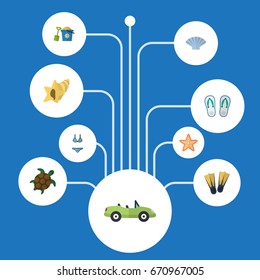 Flat Icons Conch, Sea Star, Shovel And Other Vector Elements. Set Of Summer Flat Icons Symbols Also Includes Flippers, Flip, Coupe Objects.