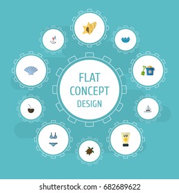 Flat Icons Conch, Shell, Anti-Sun Cream And Other Vector Elements. Set Of Season Flat Icons Symbols Also Includes Sea, Shell, Sun Objects.