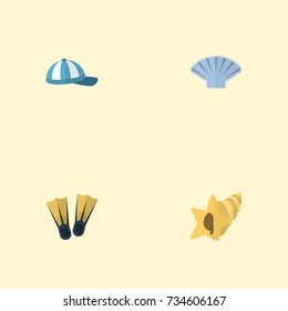 Flat Icons Conch, Shell, Hat And Other Vector Elements. Set Of Beach Flat Icons Symbols Also Includes Beach, Cap, Hat Objects.