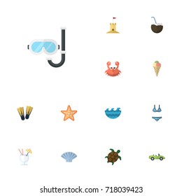 Flat Icons Conch, Swimming, Castle And Other Vector Elements. Set Of Season Flat Icons Symbols Also Includes Tortoise, Coupe, Water Objects.