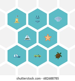 Flat Icons Conch, Tortoise, Castle And Other Vector Elements. Set Of Summer Flat Icons Symbols Also Includes Starfish, Beachwear, Sail Objects.