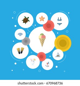 Flat Icons Conch, Tortoise, Sea Star And Other Vector Elements. Set Of Season Flat Icons Symbols Also Includes Star, Cream, Swimming Objects.