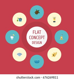 Flat Icons Conch, Tortoise, Sea And Other Vector Elements. Set Of Summer Flat Icons Symbols Also Includes Drink, Sun, Pain Objects.