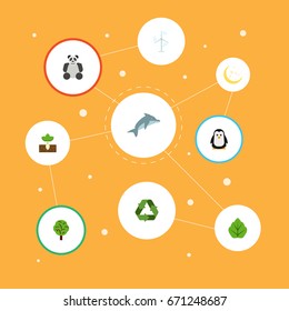 Flat Icons Conservation, Playful Fish, Wood And Other Vector Elements. Set Of Eco Flat Icons Symbols Also Includes Reuse, Wood, Tree Objects.