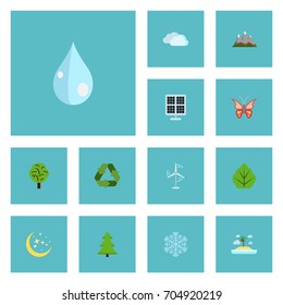 Flat Icons Conservation, Winter Snow, Tree And Other Vector Elements. Set Of Nature Flat Icons Symbols Also Includes Winter, Moth, Leaf Objects.