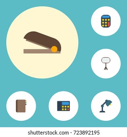 Flat Icons Contact, Desk Light, Calculate And Other Vector Elements. Set Of Workspace Flat Icons Symbols Also Includes Call, Book, Stapler Objects.