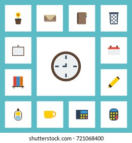 Flat Icons Contact, Whiteboard, Identification And Other Vector Elements. Set Of Workspace Flat Icons Symbols Also Includes Bookcase, Cup, Wastebasket Objects.