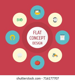 Flat Icons Container, Vegetable, Rain And Other Vector Elements. Set Of Harvest Flat Icons Symbols Also Includes Basket, Watering, Rain Objects.