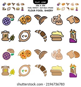 flat icons with contour baking, flour products. colored icons: pizza, pie, pancakes and others. 256x256 pixel perfect, editable stroke, 10 icons.