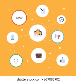 Flat Icons Contract, Libra, Portfolio And Other Vector Elements. Set Of Job Flat Icons Symbols Also Includes Weight, Spectacles, Id Objects.