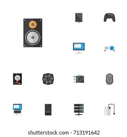 Flat Icons Controller, Cooler, Palmtop And Other Vector Elements. Set Of Computer Flat Icons Symbols Also Includes Disk, Joystick, PC Objects.