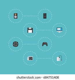 Flat Icons Controller, Diskette, Display And Other Vector Elements. Set Of Laptop Flat Icons Symbols Also Includes Storage, Processor, Disk Objects.