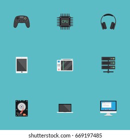 Flat Icons Controller, Display, Earphones And Other Vector Elements. Set Of Computer Flat Icons Symbols Also Includes Motherboard, Database, Play Objects.
