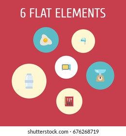 Flat Icons Cooking Notebook, Blender, Omelette And Other Vector Elements. Set Of Food Flat Icons Symbols Also Includes Recipe, Spice, Measurement Objects.