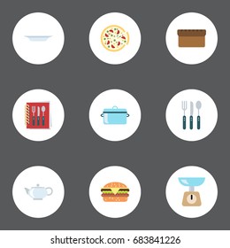 Flat Icons Cooking Notebook, Loaf, Dish And Other Vector Elements. Set Of Gastronomy Flat Icons Symbols Also Includes Teapot, Cooking, Burger Objects.