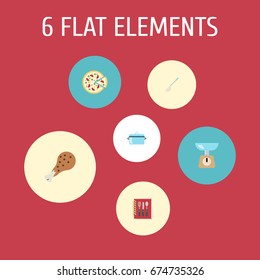 Flat Icons Cooking Notebook, Pepperoni, Fried Poultry And Other Vector Elements. Set Of Kitchen Flat Icons Symbols Also Includes Cooking, Soup, Spoon Objects.