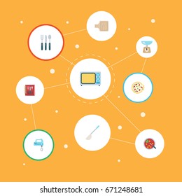 Flat Icons Cooking Notebook, Soup Spoon, Blender And Other Vector Elements. Set Of Gastronomy Flat Icons Symbols Also Includes Breadboard, Weight, Stove Objects.