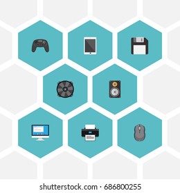 Flat Icons Cooler, Computer Mouse, Display And Other Vector Elements. Set Of PC Flat Icons Symbols Also Includes Fan, Megaphone, Game Objects.