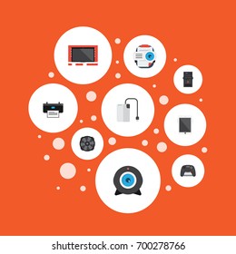 Flat Icons Cooler, Presentation, System Unit And Other Vector Elements. Set Of PC Flat Icons Symbols Also Includes Palmtop, Ventilator, Game Objects.