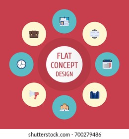 Flat Icons Costume, Clock, Portfolio And Other Vector Elements. Set Of Trade Flat Icons Symbols Also Includes Costume, Announcement, Watch Objects.